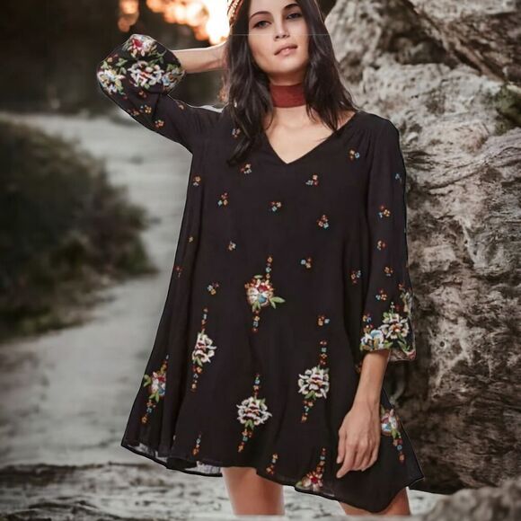 Free People Black Embroidered Shift Dress Bohemian Long Sleeve Gauze Flowy Swing - Picture 3 of 10